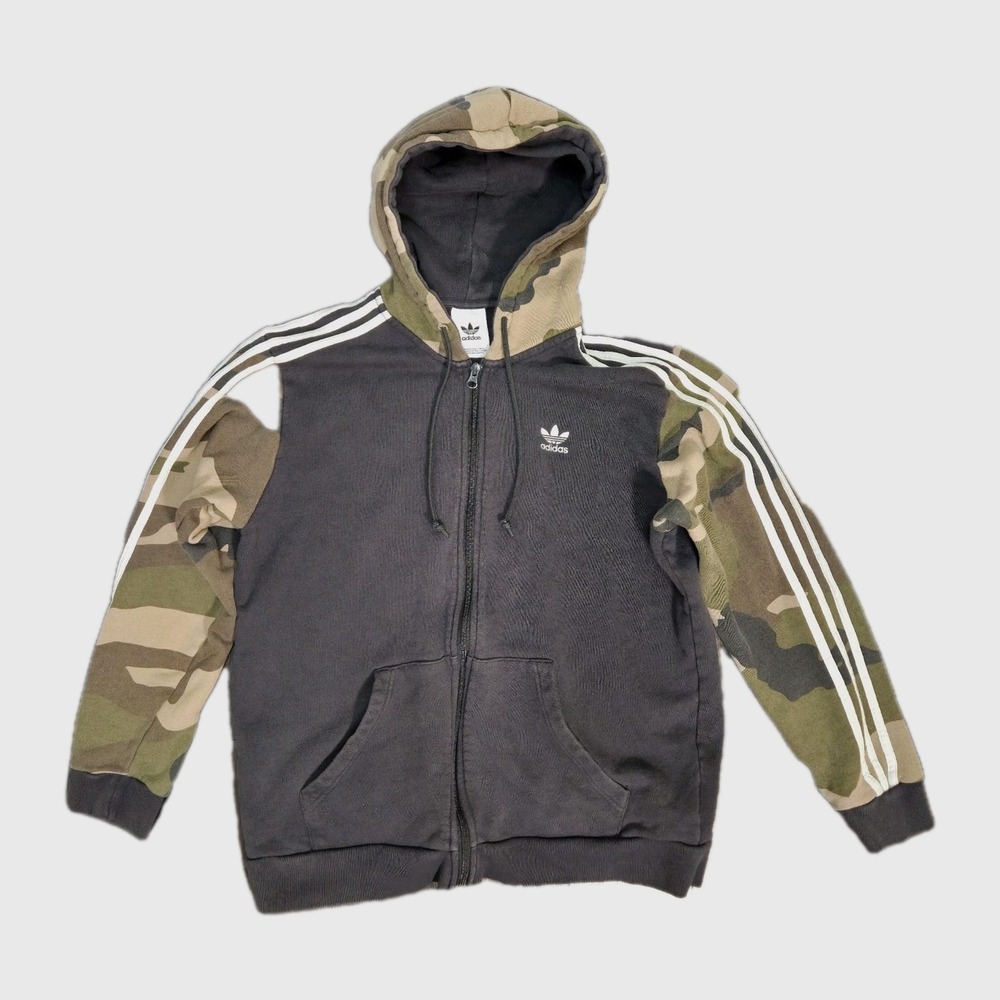 Adidas Originals Full Zip Hoodie Gray With Camouflage Sleeve & Hood Men's Medium